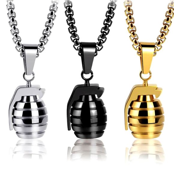 New! Stainless Steel Grenade Pendant Necklace Box Chain - Picture 3 of 6